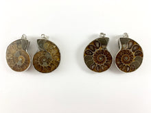 Load image into Gallery viewer, Beautiful Ancient Natural Ammonite Fossil Pair Pendant with Silver Trim, Friendship Pendant/Couple Pendant
