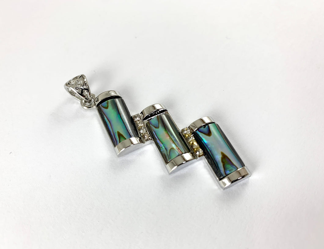 Abalone Shell Triple Bar Rectangle Rhinestone Silver Pendant