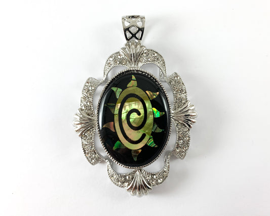 Vintage Swirl Sun Symbol Spiral Abalone Shell Oval Rhinestone Silver Decorative Pendant