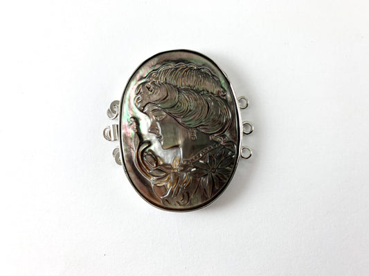 Vintage mujer Cameo negro labio concha ovalada plata decorativa en capas desenredador cierre conector con 3 bucles pulsera, collar o clip de cinturón