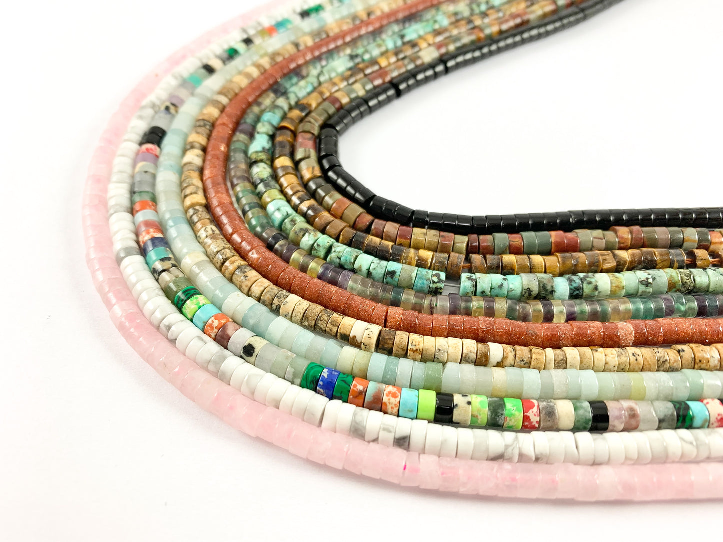 4mm Assorted Stone Heishi Beads Rose Quartz, Natural White Howlite, Amazonite, Picture Jasper, Gold Stone, Tiger's Eye Etc Around 15-16"