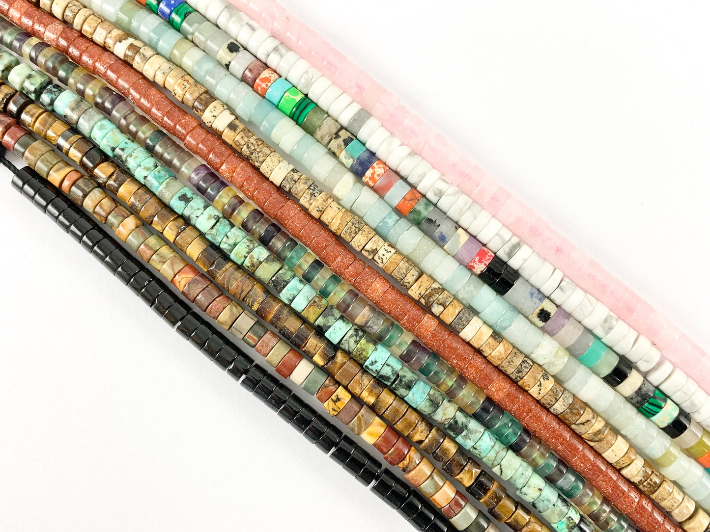 4mm Assorted Stone Heishi Beads Rose Quartz, Natural White Howlite, Amazonite, Picture Jasper, Gold Stone, Tiger's Eye Etc Around 15-16"