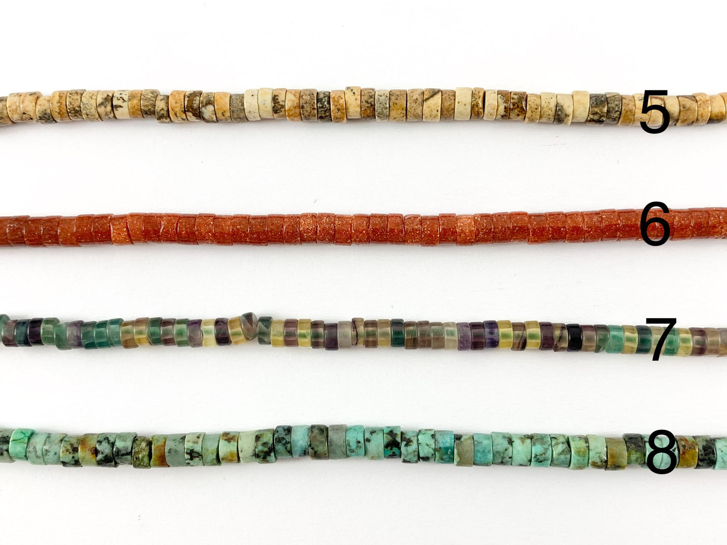 4mm Assorted Stone Heishi Beads Rose Quartz, Natural White Howlite, Amazonite, Picture Jasper, Gold Stone, Tiger's Eye Etc Around 15-16"