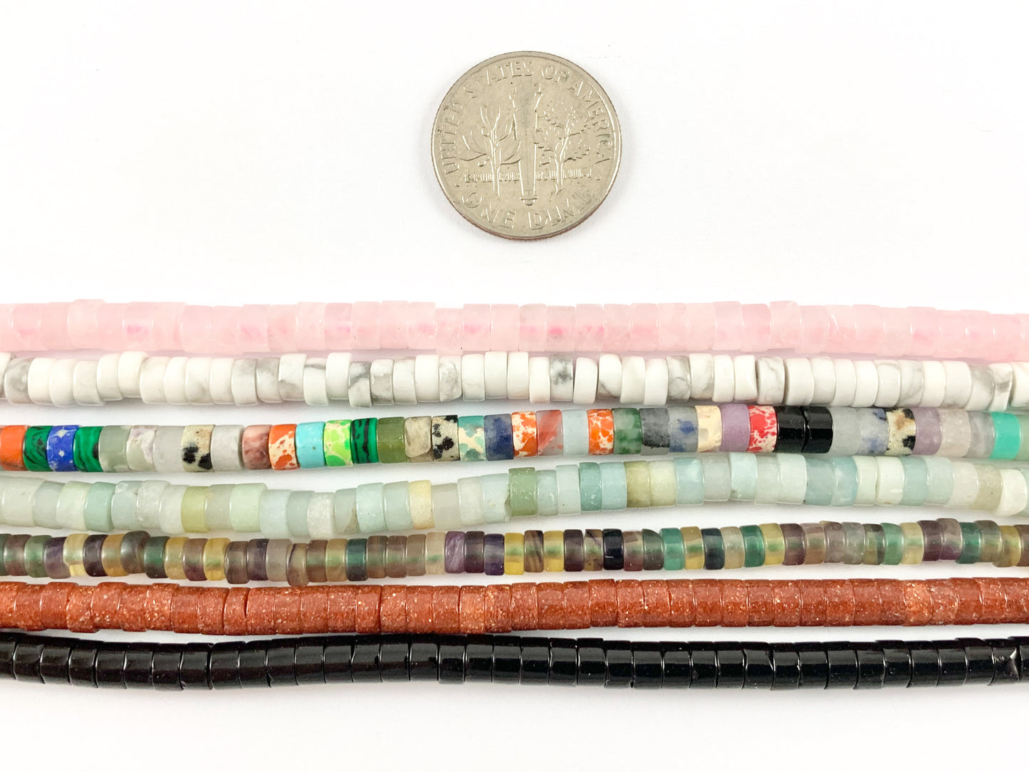 4mm Assorted Stone Heishi Beads Rose Quartz, Natural White Howlite, Amazonite, Picture Jasper, Gold Stone, Tiger's Eye Etc Around 15-16"