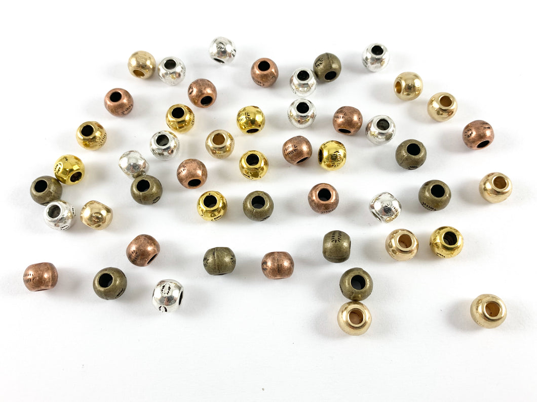 Pewter Shiny Carving Etched Round Spacer Large Hole Beads Rosy Gold, Gold, Silver, Bronze, Copper