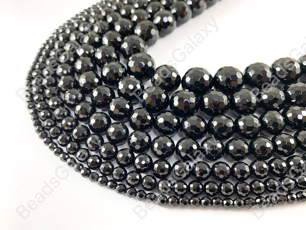 Grade AAA Solid Black Onyx Fine Cut Round Faceted Shiny Natural Gemstone Beads High Quality Healing Stone 4mm-16mm Around 15