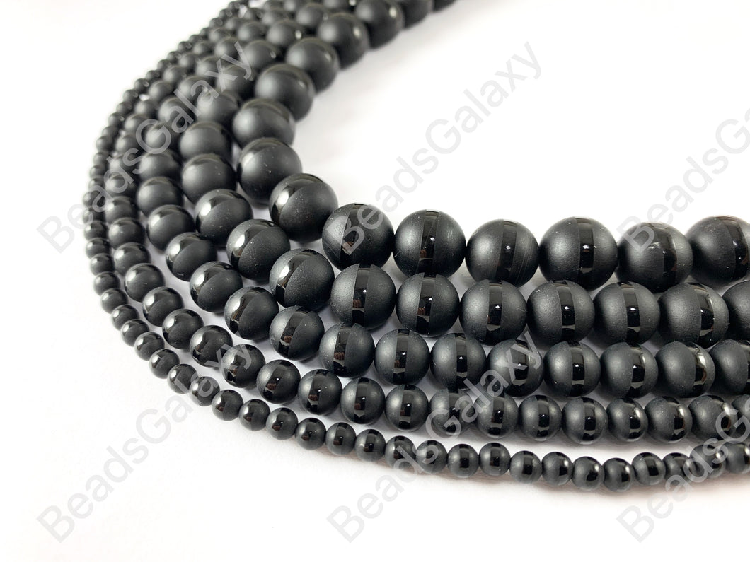 Grade AAA Matte Solid Black Onyx Round Beads with Shiny Stripe Natural Gemstone Beads High Quality Healing Stone 4mm-12mm Around 15