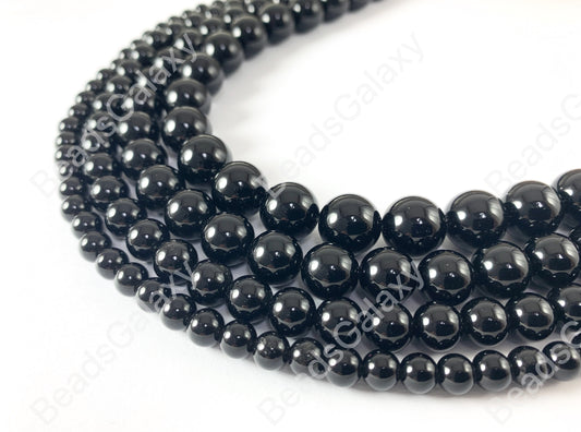 Black Obsidian Round Smooth Shiny Solid Black Natural Healing Gemstone Beads Men's and Women's bracelet Around 15"- 16" Strand
