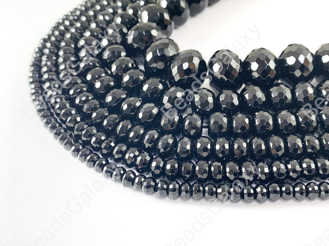 Grade AAA Solid Black Onyx Fine Cut Rondelle Faceted Shiny Natural Gemstone Beads High Quality Healing Stone 6mm-14mm Around 15