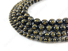 Load image into Gallery viewer, Black Onyx with Gold Powder Tibetan Six Syllable Mantra Hand Carved Round Shiny Natural Gemstone Beads High Quality Stone 6-12mm Around 15&quot;
