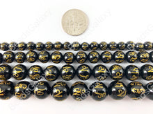 Load image into Gallery viewer, Black Onyx with Gold Powder Tibetan Six Syllable Mantra Hand Carved Round Shiny Natural Gemstone Beads High Quality Stone 6-12mm Around 15&quot;
