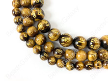 Load image into Gallery viewer, Yellow Tiger&#39;s Eye with Gold Powder Tibetan Six Syllable Mantra Hand Carved Round Natural Stone Beads High Quality Stone 8-12mm Around 15&quot;
