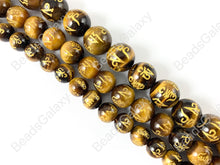 Load image into Gallery viewer, Yellow Tiger&#39;s Eye with Gold Powder Tibetan Six Syllable Mantra Hand Carved Round Natural Stone Beads High Quality Stone 8-12mm Around 15&quot;
