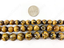 Load image into Gallery viewer, Yellow Tiger&#39;s Eye with Gold Powder Tibetan Six Syllable Mantra Hand Carved Round Natural Stone Beads High Quality Stone 8-12mm Around 15&quot;
