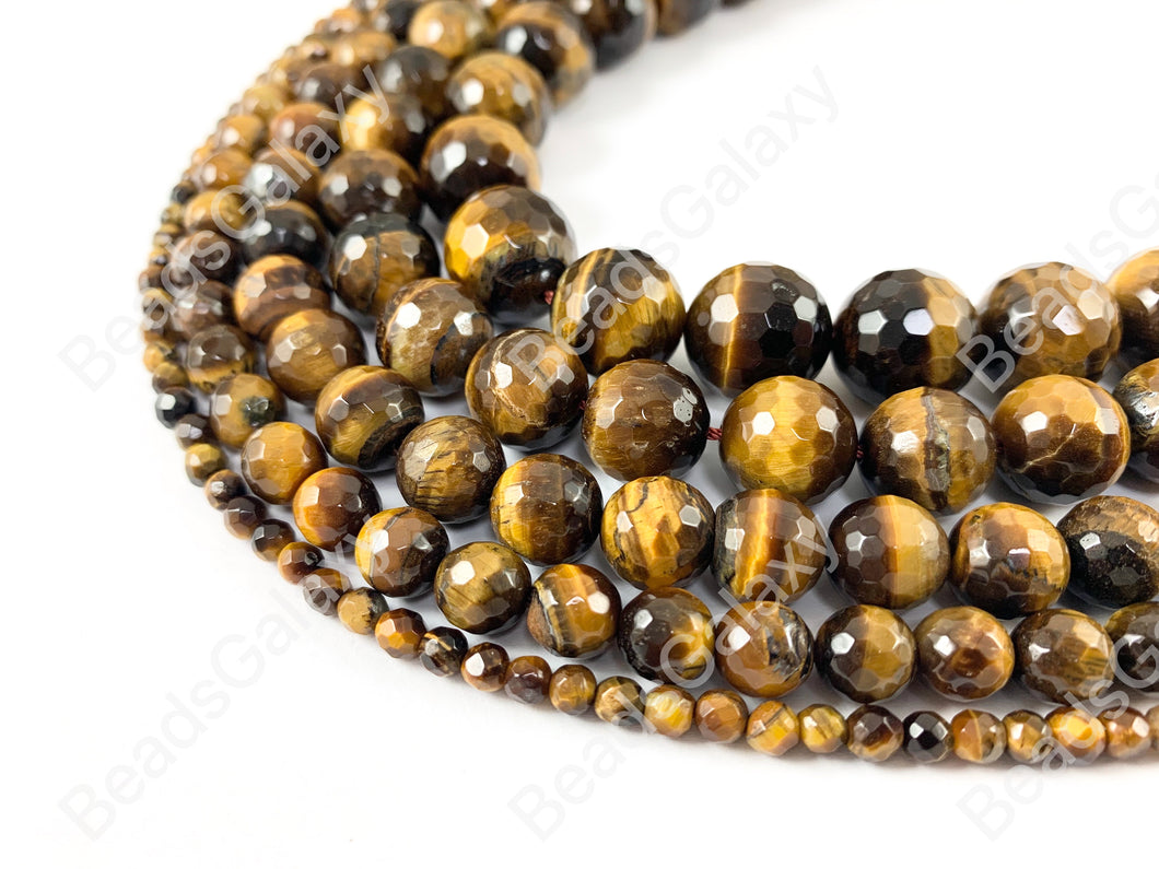 Yellow Tiger's Eye Round Faceted Beads Natural Shiny Gemstone Healing Energy Beads Men's and Women's Bracelet 4-14mm Around 15