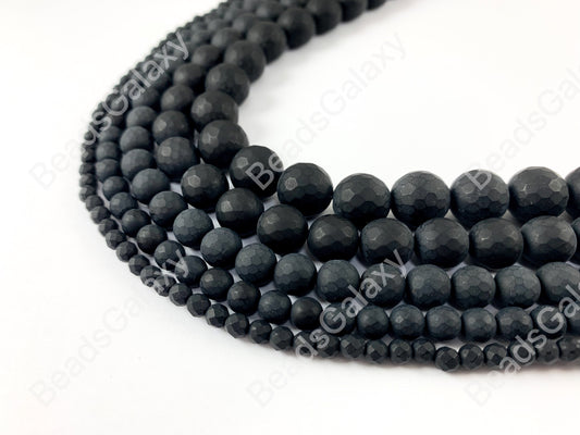 Matte Solid Black Onyx Round Faceted Natural Healing Gemstone Beads For Men's and Women's Bracelets 4-12mm Available Around 14"-15"