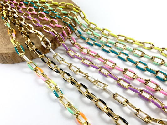 Cadena de eslabones ovalados coloridos y gruesos de cobre chapado en oro de 18 quilates y esmalte, fabricación/diseños de joyas de verano