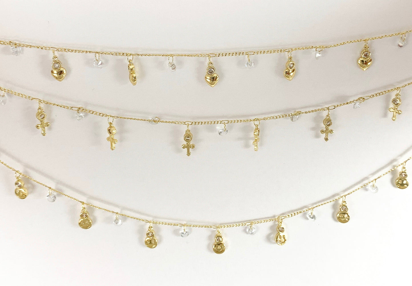 Real Gold 18K Plated CZ Pave Dainty Heart Cross Smiley Face Dangle Chain For Dangle Bracelets, Anklets and Necklaces Making