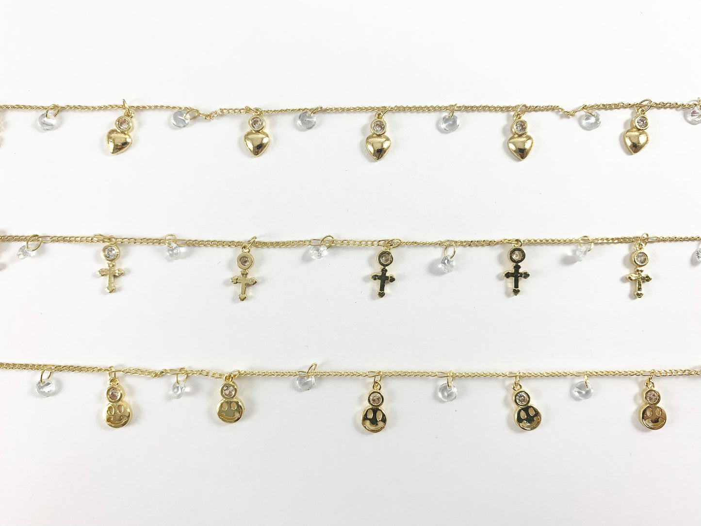 Real Gold 18K Plated CZ Pave Dainty Heart Cross Smiley Face Dangle Chain For Dangle Bracelets, Anklets and Necklaces Making