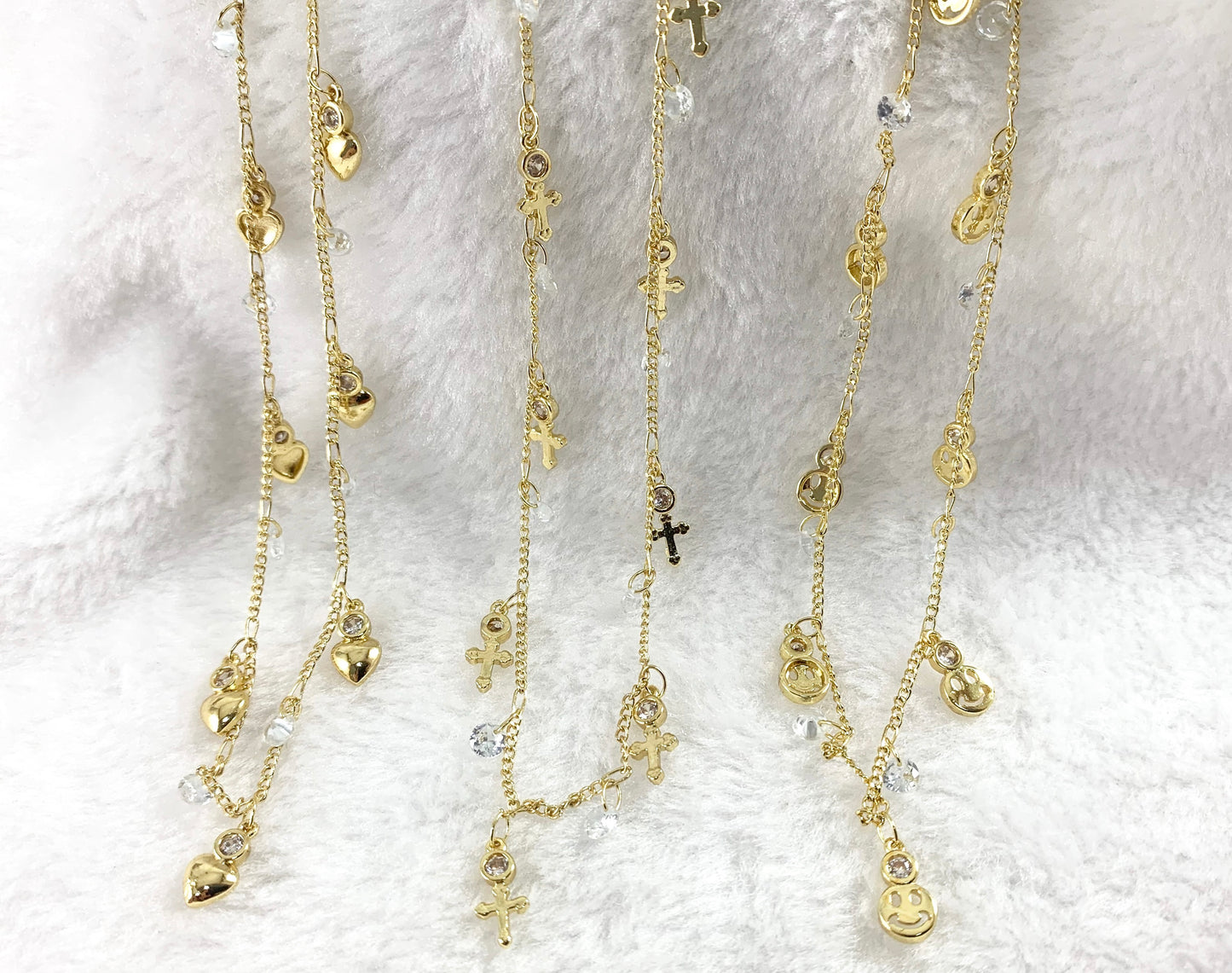 Real Gold 18K Plated CZ Pave Dainty Heart Cross Smiley Face Dangle Chain For Dangle Bracelets, Anklets and Necklaces Making