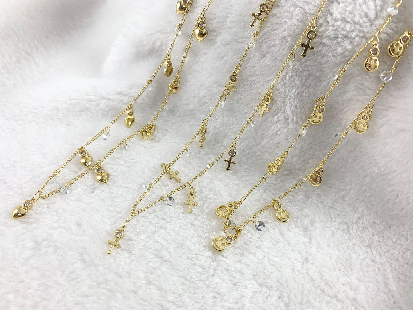 Real Gold 18K Plated CZ Pave Dainty Heart Cross Smiley Face Dangle Chain For Dangle Bracelets, Anklets and Necklaces Making