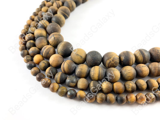 Matte Tiger's Eye Yellow Brown Round Smooth Natural Gemstone Beads 6-12mm Around 14"-15"
