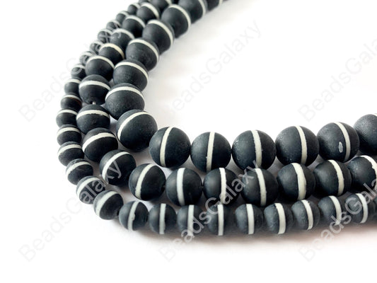 Matte Solid Black Onyx Round Beads with White Stripe Natural Agate Gemstone Beads High Quality Healing Stone 6mm-10mm Around 15"