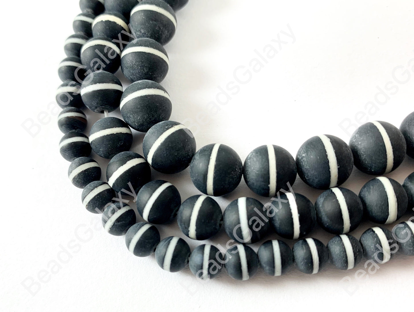 Matte Solid Black Onyx Round Beads with White Stripe Natural Agate Gemstone Beads High Quality Healing Stone 6mm-10mm Around 15"