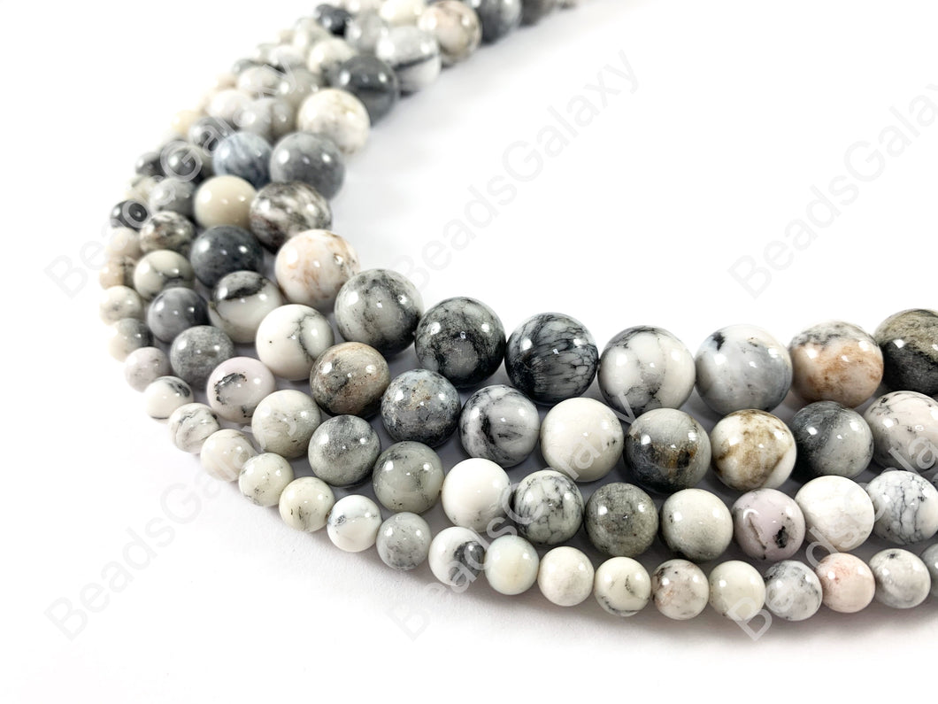 Black Plume Agate Dendritic Black & White Natural Artistic Agate Round Smooth Shiny Beads for Men's and Women's Bracelets 6-12mm Around 15