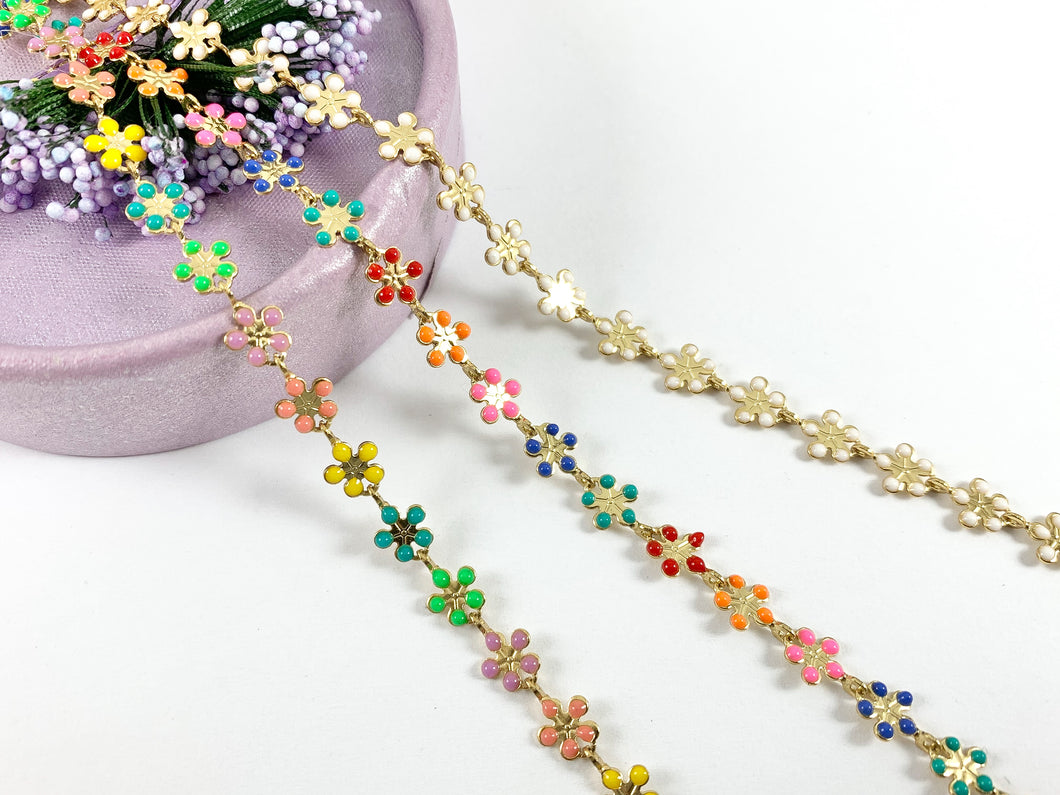 18K Gold Plated Enamel Plated Copper Daisy Flower Chain Colorful Chains For Summer Jewelry Making