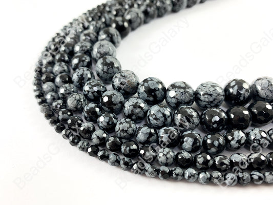 Snowflake Obsidian Gray & Black Round Faceted Natural Gemstone Beads For Men's and Women's Bracelets 4-12mm Available Around 14"-15"