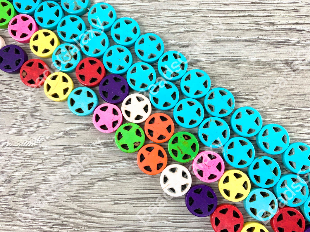 15mm Star Howlite Turquoise and Multicolor Flat Coin Disc Beads Around 15