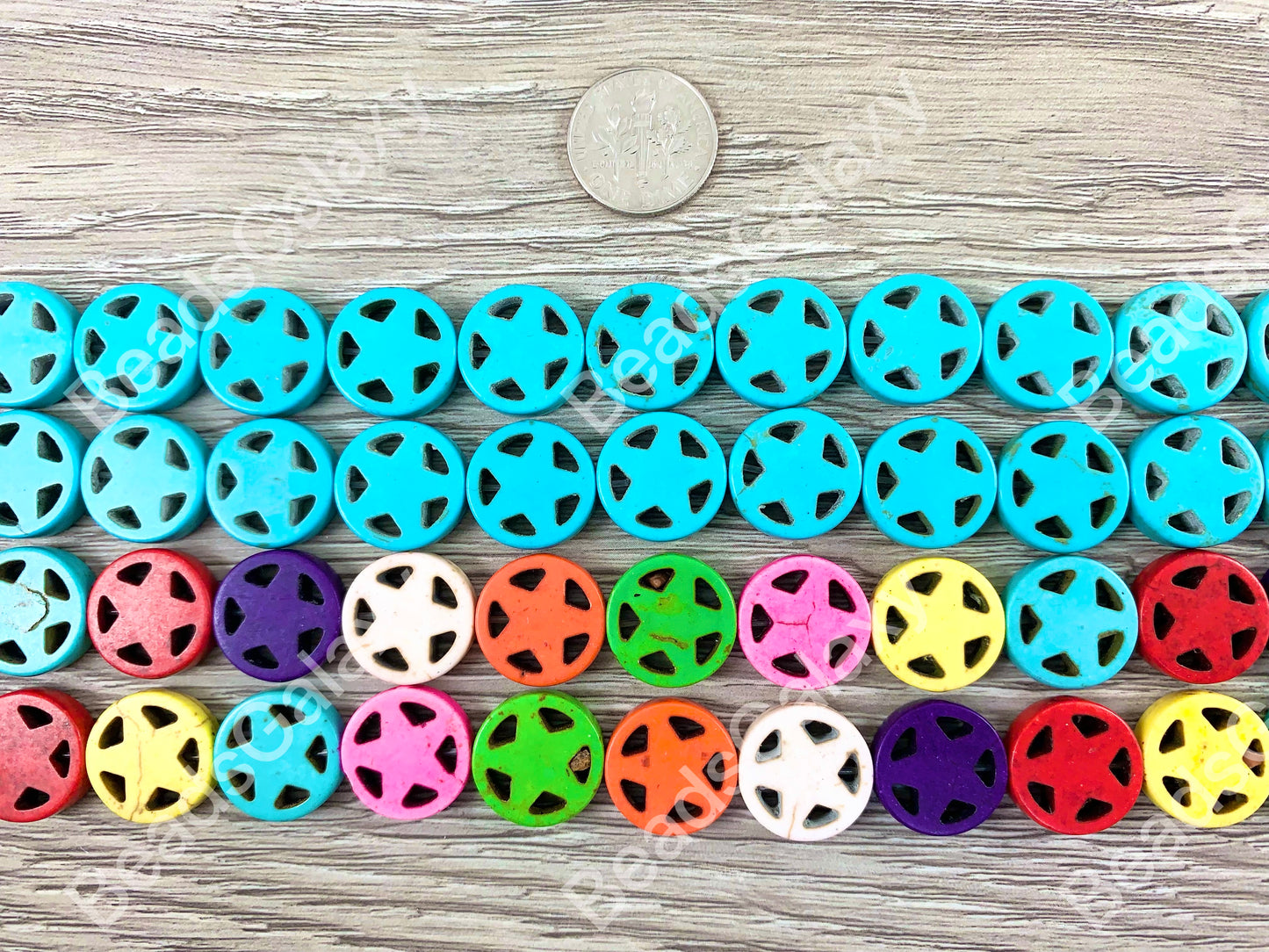 15mm Star Howlite Turquoise and Multicolor Flat Coin Disc Beads Around 15"