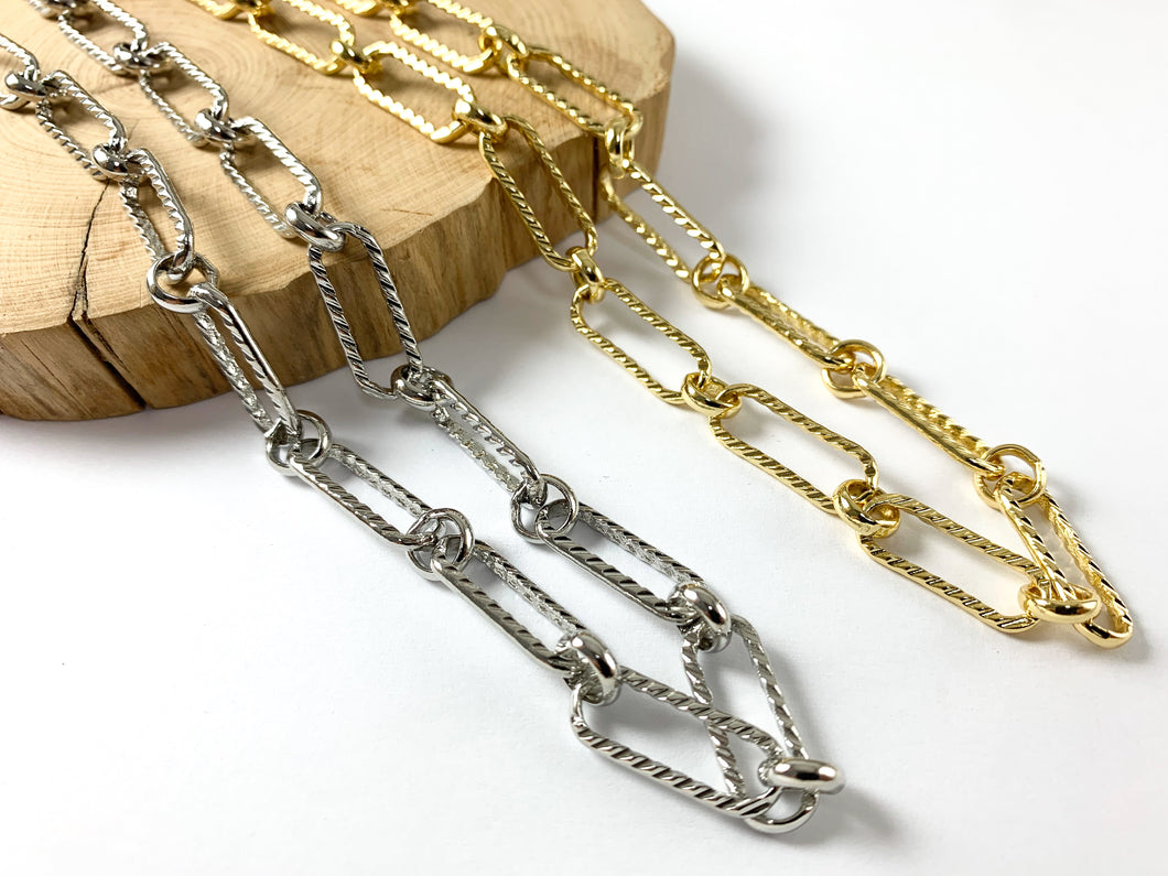 Real 18K Gold/ Platinum Plated Large Textured Paperclip Chain Hammered Oval Chain with Circle Link