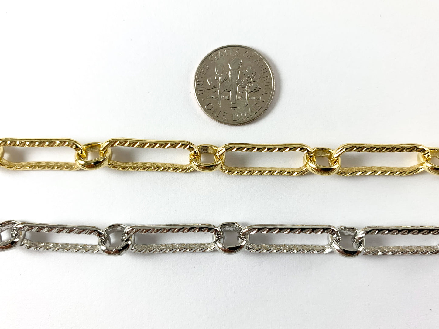 Real 18K Gold/ Platinum Plated Large Textured Paperclip Chain Hammered Oval Chain with Circle Link