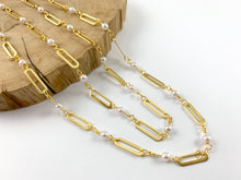 Load image into Gallery viewer, 18K Gold Plated Brass Paperclip Style Chain with Imitation Pearls Single Layer Chain by Spool
