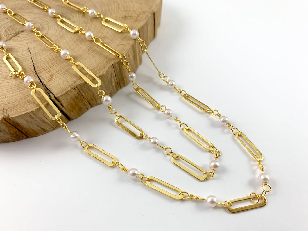 18K Gold Plated Brass Paperclip Style Chain with Imitation Pearls Single Layer Chain by Spool