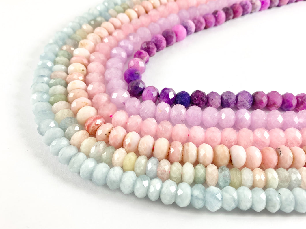 High Quality Handcut Natural Pastel Color Stones Rondelle Pink Opal, Rose QZ, Lavender Amethyst, Aquamarine, Morganite, Sugilite Around 15