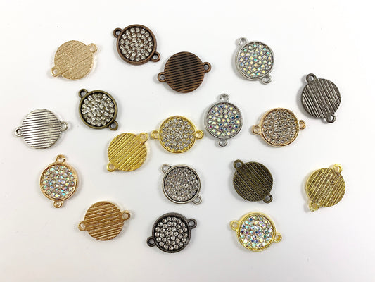 16mm Pewter Rhinestone Coin Connector Bezel 2 Loop Charm Available in Bronze, Copper, Gold, Silver and Gunmetal, Clear and Clear AB