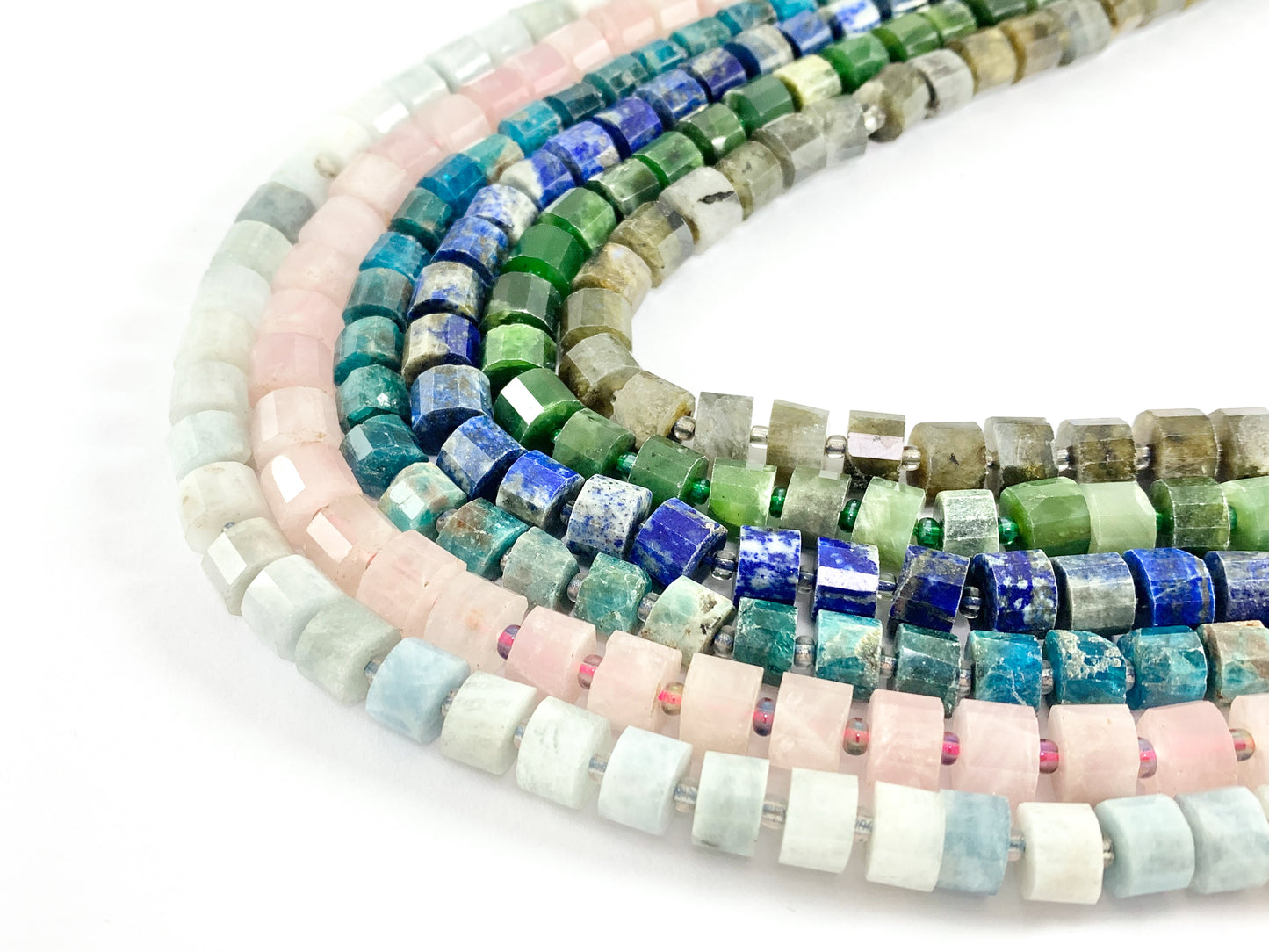 Cuentas de tubo de piedras naturales cortadas a mano de alta calidad aguamarina, cuarzo rosa, apatita, lapislázuli, jade canadiense, labradorita alrededor de 15"