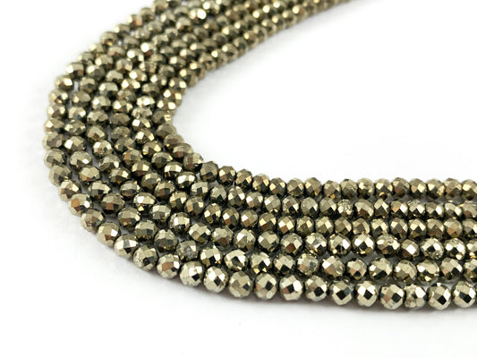 Pyrite Faceted Round Rondelle Hand Cut Tiny Shiny Beads 2mm 3mm 4mm For Jewelry Making 15"-16"