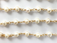 Load image into Gallery viewer, Real Gold 18K Plated Cream Freshwater Pearl Wired Chain For Jewelry Making/Designs 1 Spool
