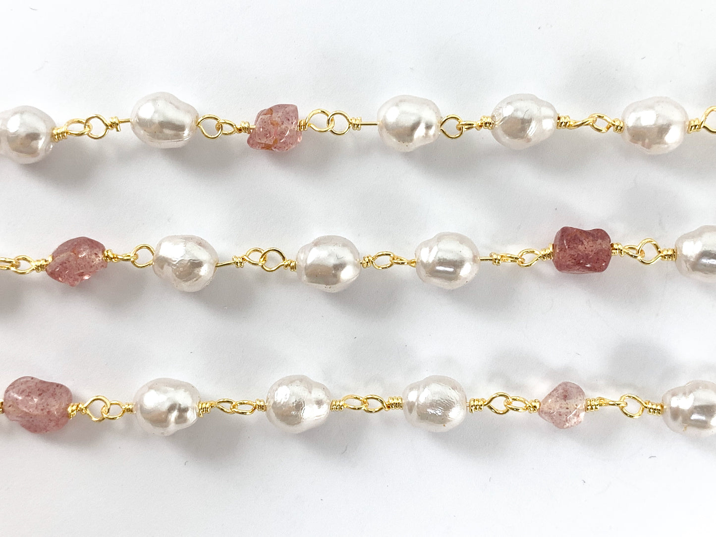 Real Gold 18K Plated Cream Imitation Pearl & Strawberry Quartz Wired Chain For Jewelry Making/Designs 1 Spool