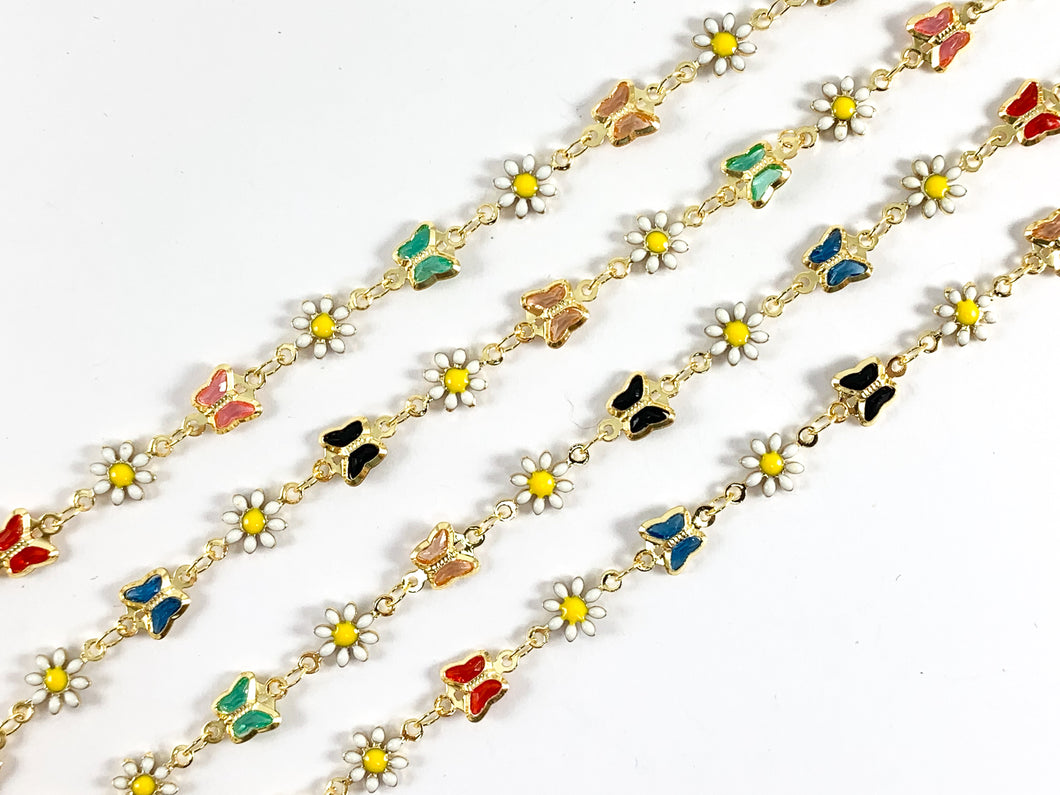 18K Gold Plated Enamel Plated Copper White Daisy Flower with Multicolor Butterfly Chain 1 Spool