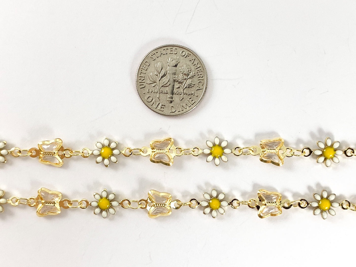 18K Gold Plated Enamel Plated Copper White Daisy Flower with Butterfly Chain 1 Spool