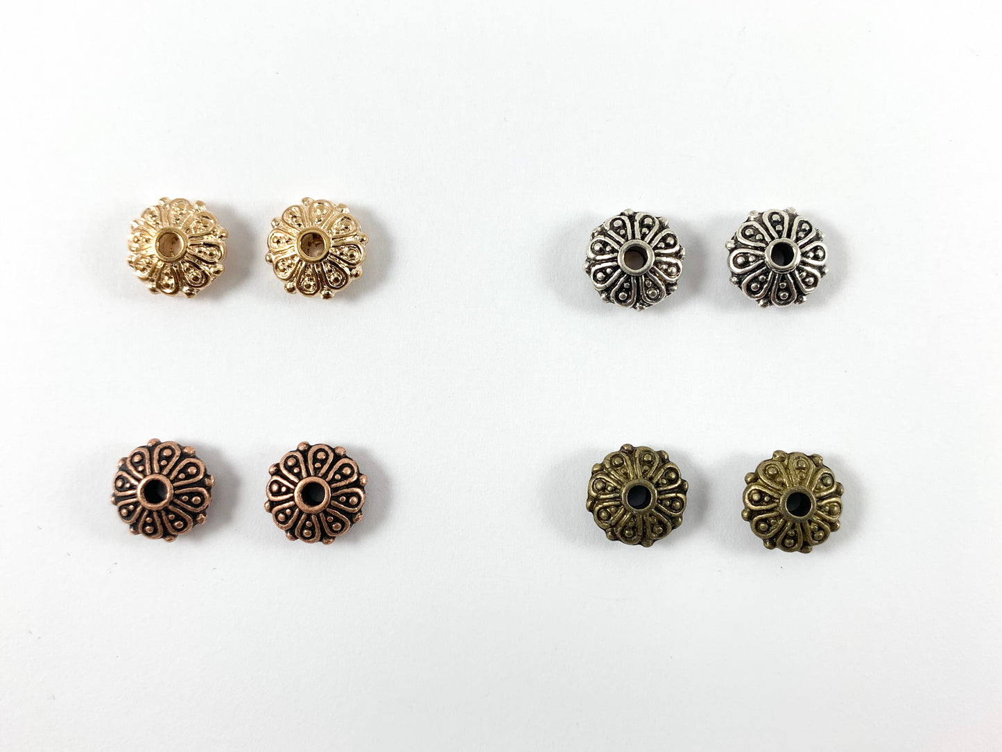 4x9mm Pewter Base Metal Shiny Flower Carved Saucer Spacer Beads Gold, Silver, Antique Bronze, Copper 125 Grams Bag
