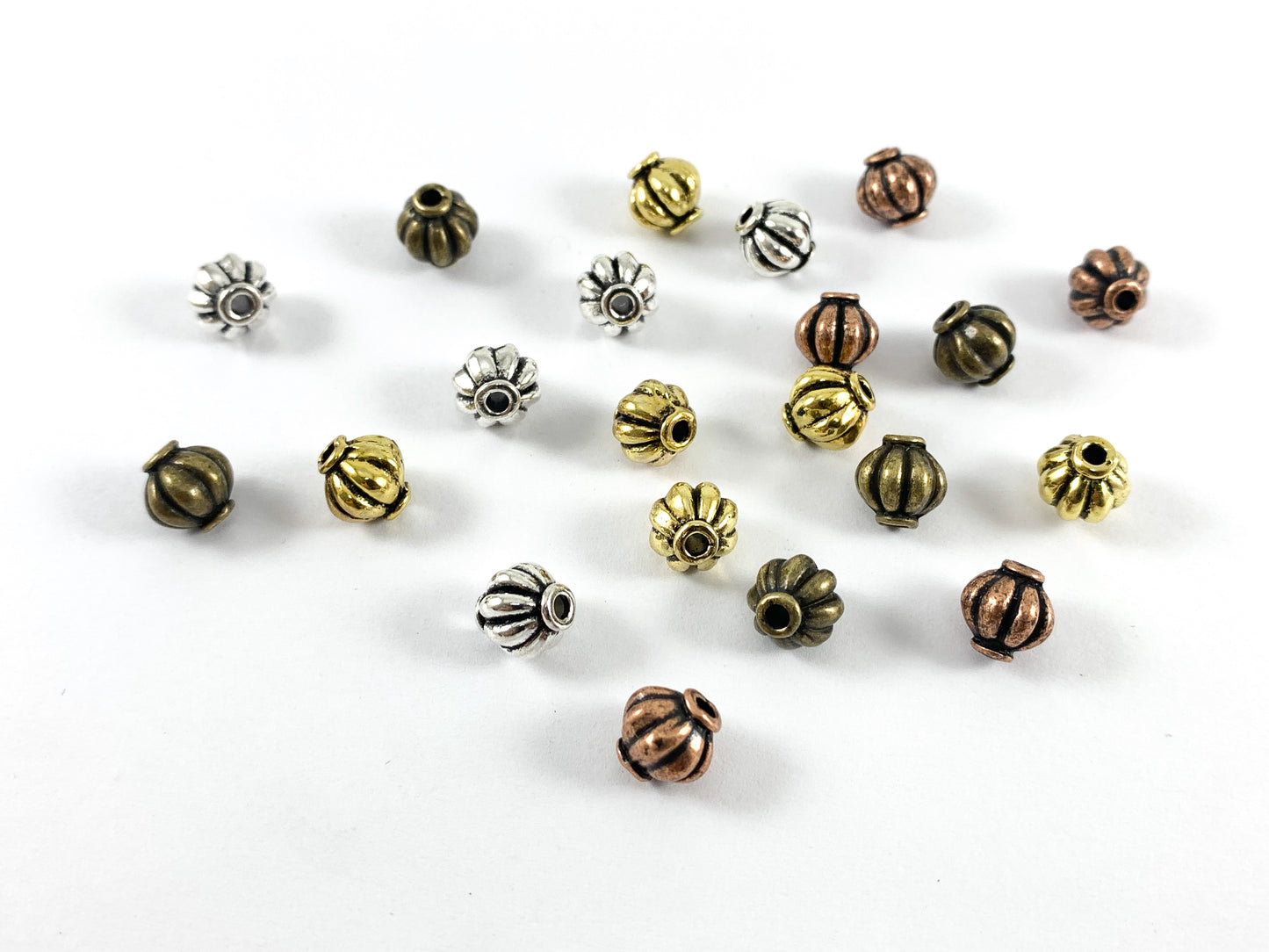 7.5mm Pewter Base Metal Pumpkin Shaped Ribbed Spacer Beads Antique Gold, Silver, Bronze, Copper 125 Grams Bag