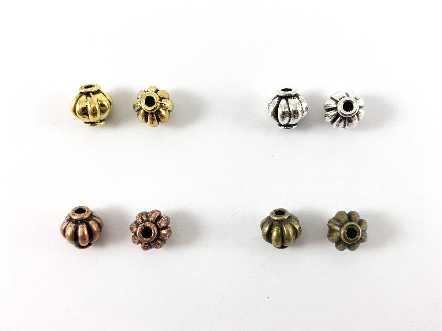 7.5mm Pewter Base Metal Pumpkin Shaped Ribbed Spacer Beads Antique Gold, Silver, Bronze, Copper 125 Grams Bag