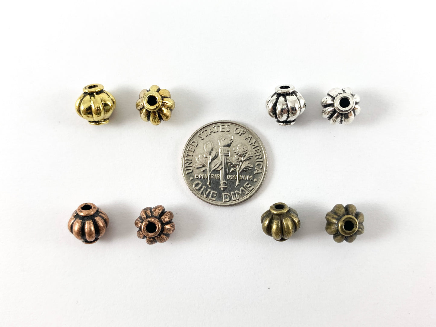 7.5mm Pewter Base Metal Pumpkin Shaped Ribbed Spacer Beads Antique Gold, Silver, Bronze, Copper 125 Grams Bag