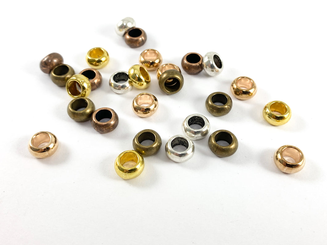 Pewter Base Metal Shiny Smooth Rondelle Large Hole Spacer Beads Rosy Gold, Gold, Silver, Bronze, Copper 125 Grams Bag